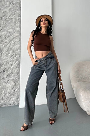 Baggy kar yıkama eskitme kahve jeans pantolon d2007