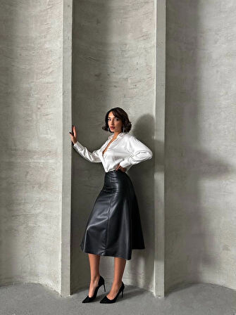 Komple parçalı deri etek siyah h26441