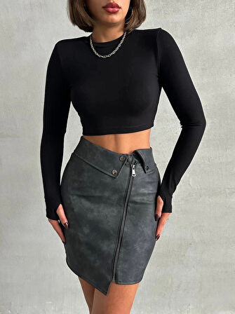 Beli pervazlı fermuarlı eskitme deri etek w24431