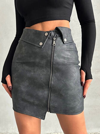 Beli pervazlı fermuarlı eskitme deri etek w24431