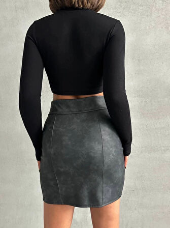 Beli pervazlı fermuarlı eskitme deri etek w24431