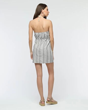 Kuşaklı çizgili mini keten elbise