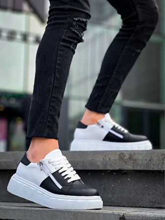 KB-X155 Kuback Siyah Cilt Beyaz Cilt Detaylı Beyaz Yüksek Taban Günlük Spor Ayakkabı