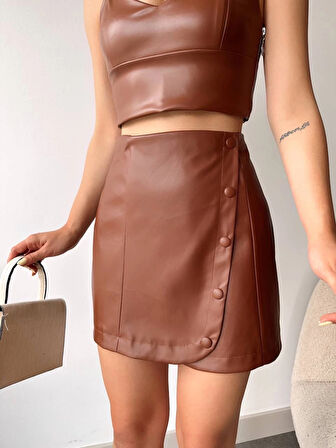 Beş düğmeli oval deri etek kahve h240068