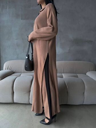 Pantolon yırtmaçlı elbise ikili triko takım vizon elf