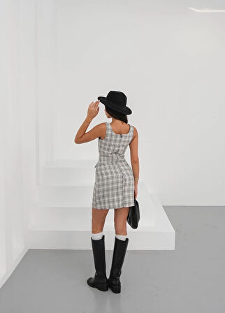 Askılı ch kumaş düğmeli elbise gribeyaz h265007