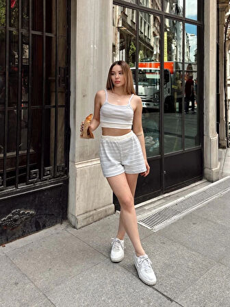 Çizgili şortlu takım gri s3978