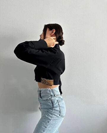Yanı kemer detaylı crop gömlek siyah s4009