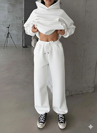 3 iplik şardonlu Lastik paça eşofman beyaz p510439