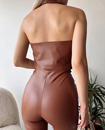 İki düğmeli deri yelek kahve s243001