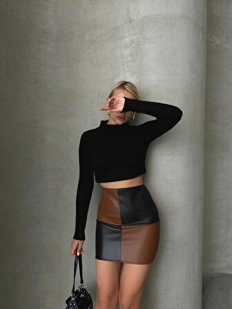 Damalı deri etek siyah kahve w24648