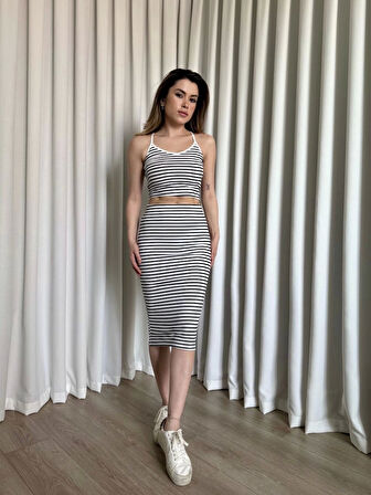 Çizgili etek crop takım
