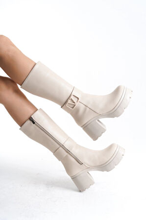 Moki Bej Cilt Topuklu Çizme