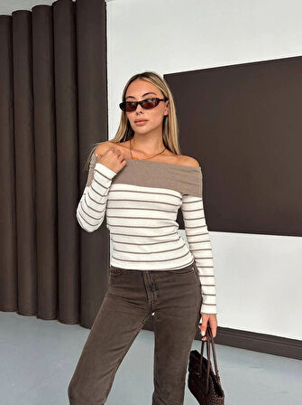 Çizgili madonna yaka kaşkorse bluz bej a844