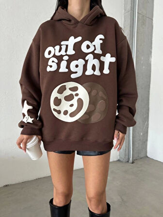 3 iplik şardonlu oversize out of baskılı sweat kahve