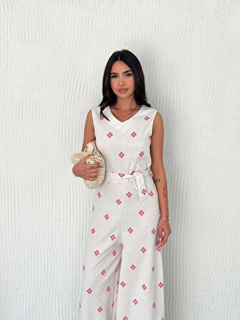 Sırt dekolteli keten beyaz tulum S1036