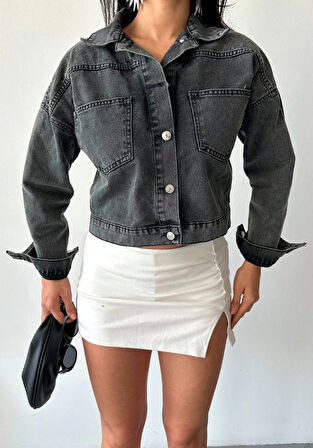 Çift cepli kol katlamalı süper taş enzim yıkama crop kot ceket füme d2000