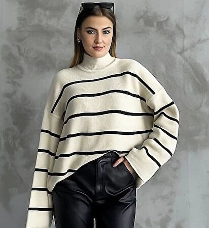 Çizgili ispanyol kol triko boğazlı kazak beyaz elf