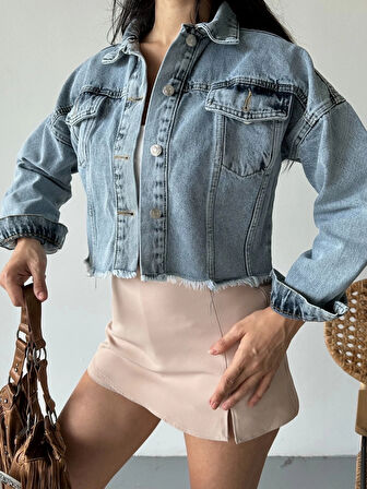 Çift kapaklı püsküllü crop buz mavi d2002