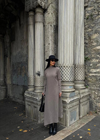 Boğazlı kalın bürümcük uzun elbise vizon