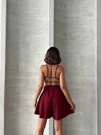 Volanlı keten şort bordo s255058