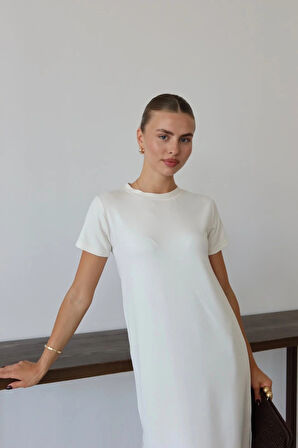 Modal yırtmaçlı elbise beyaz pt