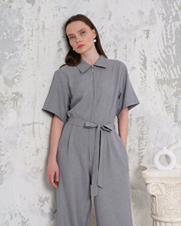 Kuşaklı gömlek yaka salaş tulum gri s255822