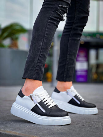 KB-X155 Kuback Siyah Cilt Beyaz Cilt Detaylı Beyaz Yüksek Taban Günlük Spor Ayakkabı
