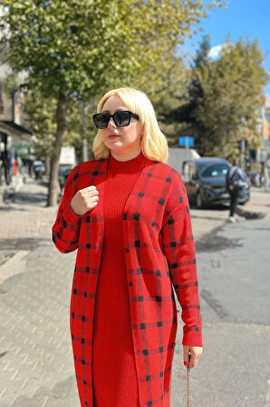 Triko Hırka elbise ikili takım kırmızı