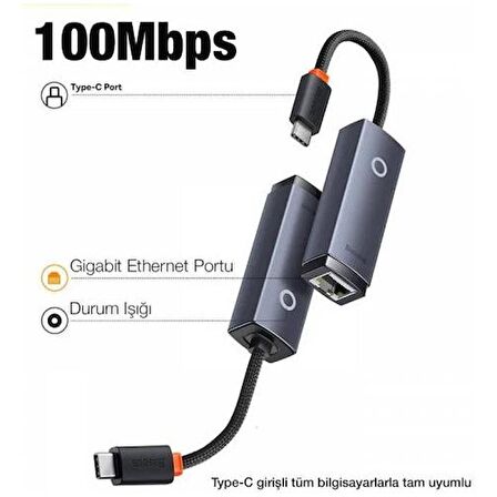 Baseus 22.5CM 100Mbps Type-C to RJ45 Ethernet Çevirici Dönüştürücü RJ45 Ethernet LAN Port Adaptör 