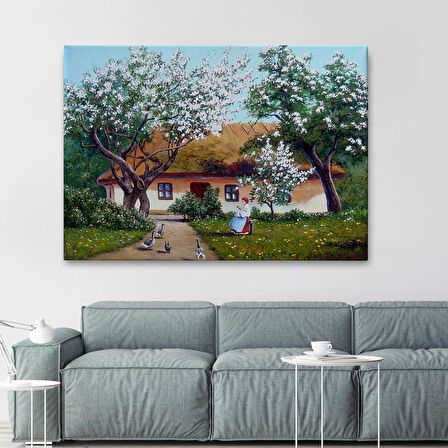 İlkbahar Köy Evi Yağlıboya Görünüm Dekoratif Kanvas Duvar Tablosu-3514