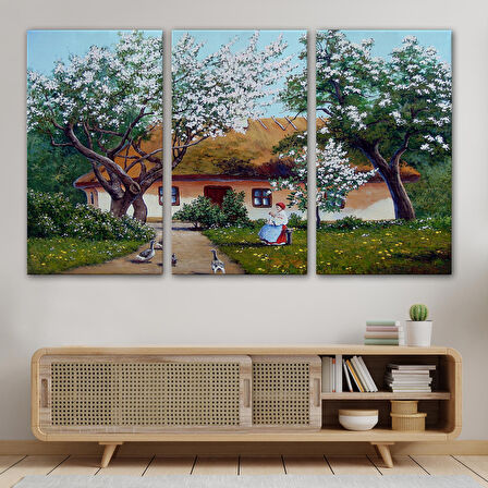 İlkbahar Köy Evi Yağlıboya Görünüm Dekoratif Kanvas Duvar Tablosu-3514