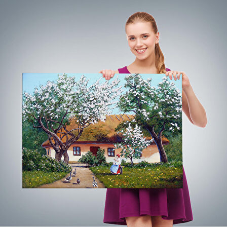 İlkbahar Köy Evi Yağlıboya Görünüm Dekoratif Kanvas Duvar Tablosu-3514