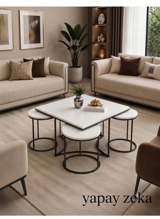 Star 4+1 Siyah Beyaz MDF Salon Orta Sehpa ve Yuvarlak Zigon Sehpa Takımı