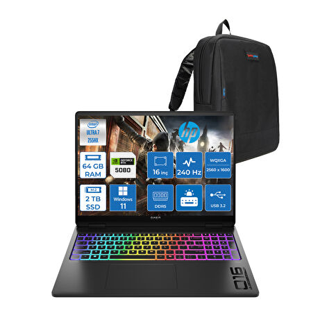 Hp Omen Max 16-AH0014NT Intel Core Ultra 7 255HX 64GB Ddr5 2tb SSD 16GB Nvıdıa RTX5080 16 Inç 2k Wqxga 240Hz 3ms IPS Windows 11 Home Siyah OB8SQ9EAH14 + Zetta Çanta