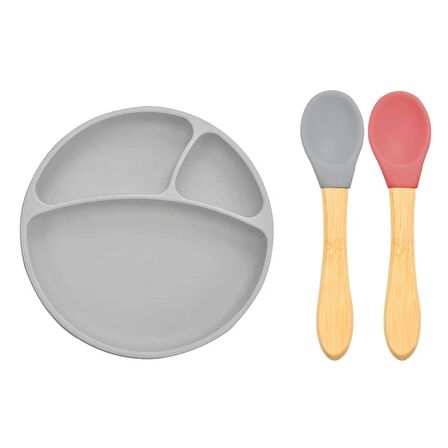 Oioi Silikon Tabak+Bambu Saplı Silikon Kaşık