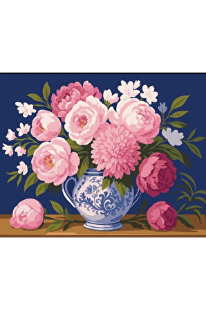 Sayılarla Boyama Seti 40x50 Cm (Çıtalı) Fırça Boya Dahil Numaralı Tuval Çini Vazo Çiçekler