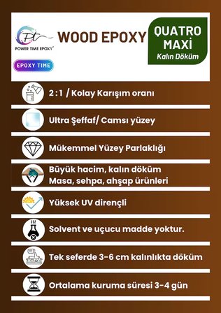 1500 gram Wood Epoxy Quatro Maxi/ Kalın Döküm Şeffaf Epoksi Reçine Sehpa, Masa Için (YENİ)