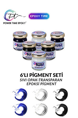 6'lı Opak & Transparan Sıvı Pigment Boya Seti / Epoksi Için/ 2 Adet Beyaz/ 2 Adet Siyah/ 2 Adet Mavi TOPLAM 180 GRAM