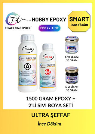 Hobby Epoxy Smart/ Şeffaf Epoksi Reçine Ince Döküm (1500 Gram)+ 2 Adet Sıvı Pigment (siyah Ve Beyaz)