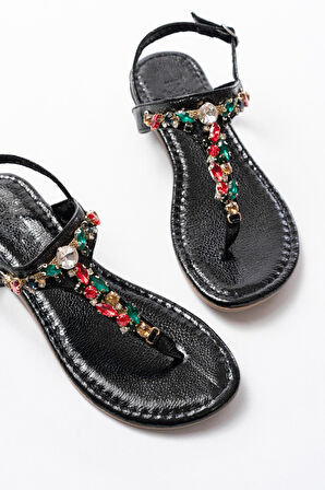 152-1110 Siyah Multi Cam Kırığı Taşlı Parmak Arası Kadın Sandalet