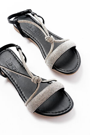 152-1104 Siyah Gümüş Taşlı Günlük Kadın Sandalet  