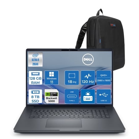 Dell Pro Max 18 Plus Intel Core Ultra 9 285HX 128GB Ddr5 8tb SSD Rtx Pro 5000 Blackwell 24GB Windows 11 Pro 18" 120HZ Qhd+ 2560 x 1600 Wva 500NITS Mobil Iş Istasyonu MB18250275P30 + Zetta Çanta