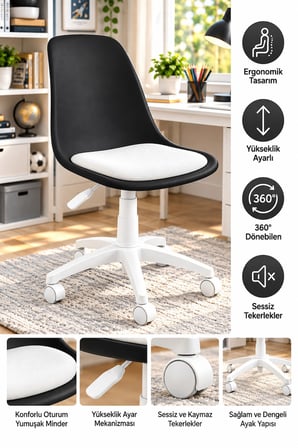 Siyah Beyaz Ergonomik Çalışma Sandalyesi – Yükseklik Ayarlı, 360° Döner, Minderli ve Tekerlekli Çocu