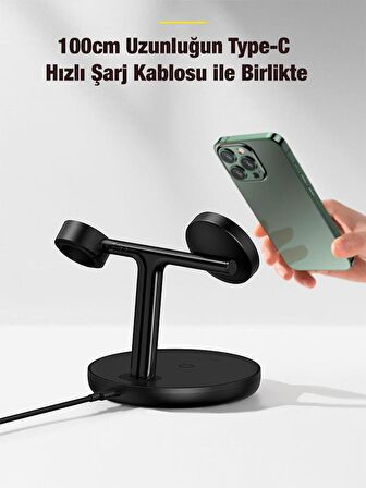 Baseus Akım Korumalı 3in1 Magsafe Kablosuz Şarj Kulaklık Saat Telefon Kablosuz Şarj İstasyonu Masaüstü Şarj