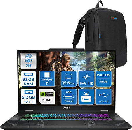 Msı Cyborg 15 Intel Core 7 240H 32GB Ddr5 512GB SSD RTX5060 Gddr7 8gb Windows 11 Home 15.6" Fhd (1920X1080) 144HZ Taşınabilir Bilgisayar B2RWFKG208XTRH12 + Zetta Çanta
