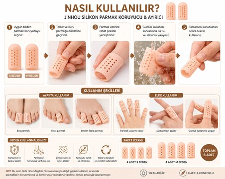 JINHOU Ultra Silikon Ayak / El Parmak Koruyucu & Ayırıcı – Delikli Nefes Alabilen Yumuşak Jel Parmak Kılıfı | Tekrar Yıkanabilir | 8 Adet (S: 4, M: 4) | Ten Rengi