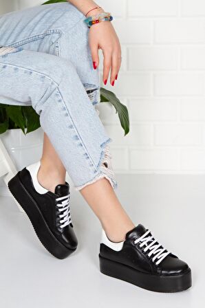 mlt0013-2930 Kadın Günlük Hakiki Deri Sneaker Comfort yüksek taban  Casual Ayakkabı /SIYAH/39