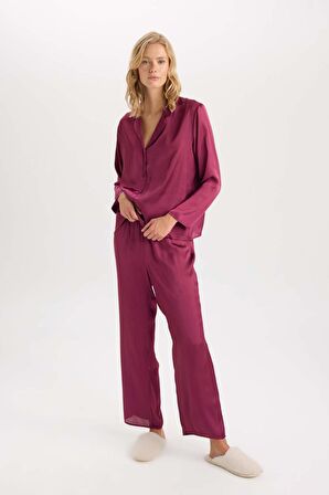 DeFacto Fall in Love Pijama Takım Basic Düz Saten Uzun Kollu Üst Beli Lastikli Alt D6940AX24AUPR169