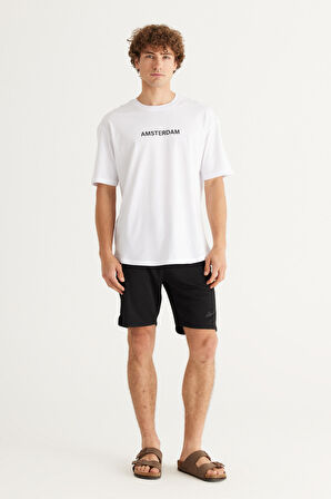 Erkek Beyaz Long Fit %100 Pamuk Oval Kesim Bisiklet Yaka Amsterdam Baskılı Kısa Kollu Tişört